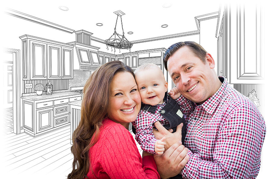 Young Family Over Custom Kitchen and Design Drawing